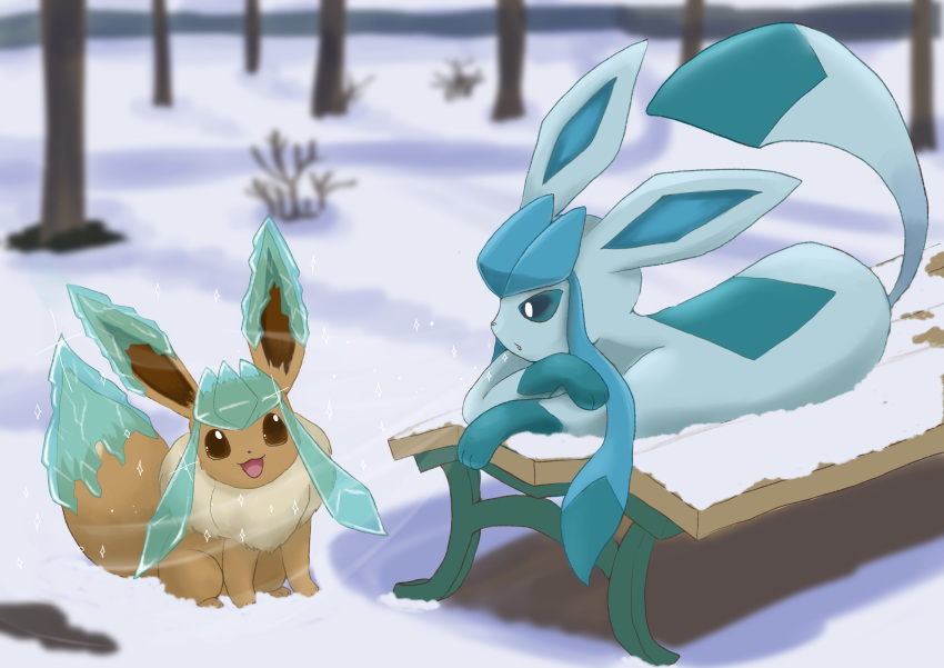 :d absurdres bare_tree bench blowing blurry brown_eyes day eevee glaceon highres icicle looking_at_viewer lying moshi2hitomoshi no_humans on_stomach open_mouth outdoors pokemon pokemon_(creature) smile snow tongue tree