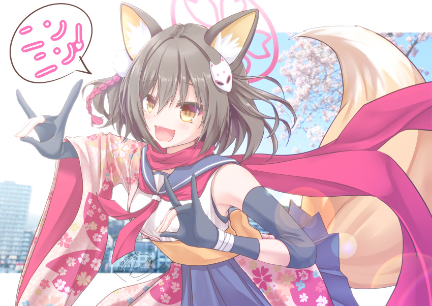 1girl :d absurdres animal_ears bangs blue_archive blush brown_hair cherry_blossoms city eyeshadow fang floral_print fox_ears fox_girl fox_hair_ornament fox_tail hair_ornament halo highres holster izuna_(blue_archive) japanese_clothes kunai looking_at_viewer makeup neckerchief nobuo obi pink_neckerchief pink_scarf pleated_skirt pom_pom_(clothes) pom_pom_hair_ornament red_eyeshadow sailor_collar sash scarf school_uniform serafuku short_hair simple_background skirt smile solo tail thigh_holster weapon white_serafuku yellow_eyes