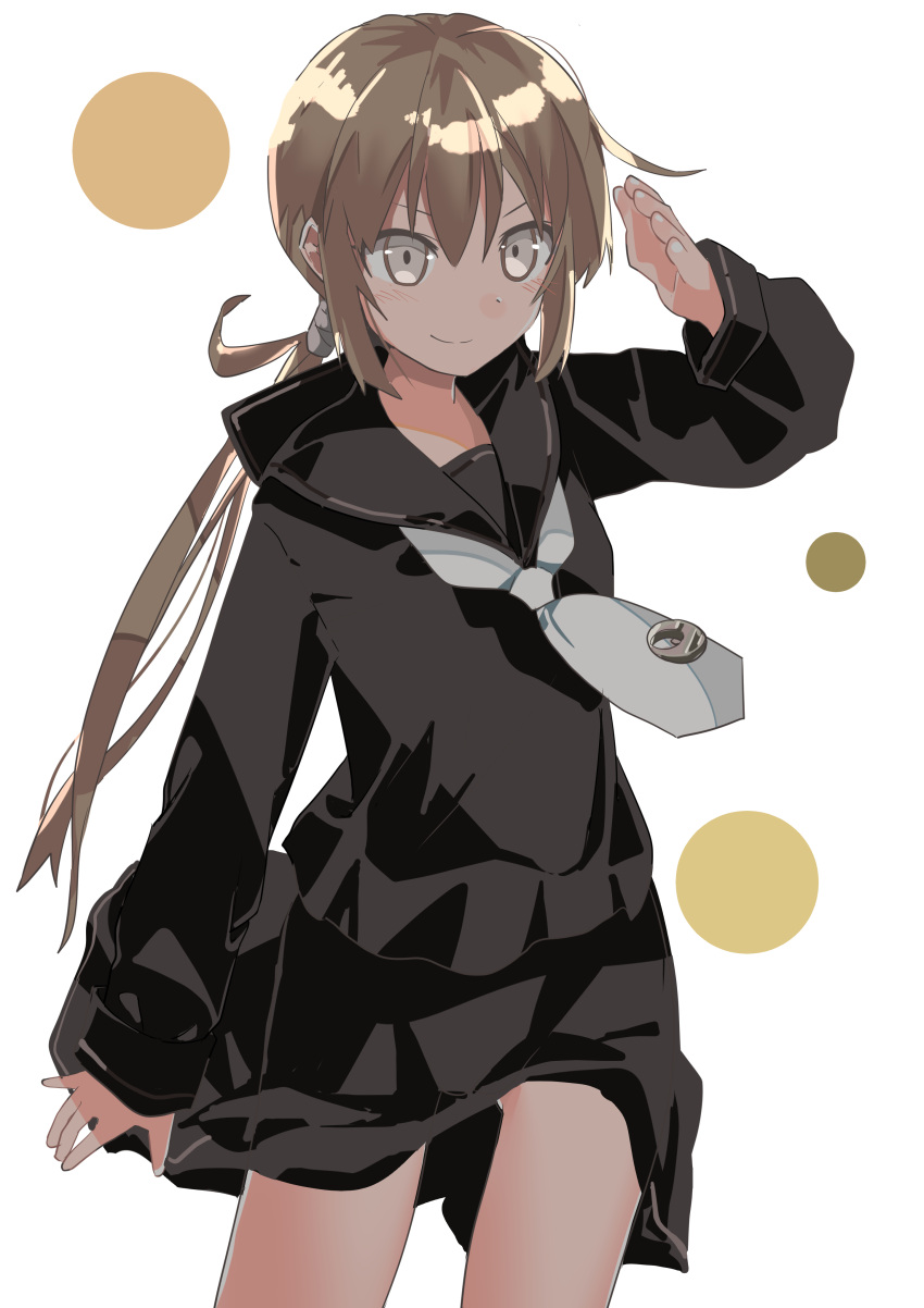 1girl absurdres black_sailor_collar black_serafuku black_skirt blonde_hair cowboy_shot crescent crescent_pin grey_eyes haida_katsuretsu highres kantai_collection long_hair long_sleeves necktie sailor_collar salute satsuki_(kancolle) school_uniform serafuku simple_background skirt solo white_background white_necktie