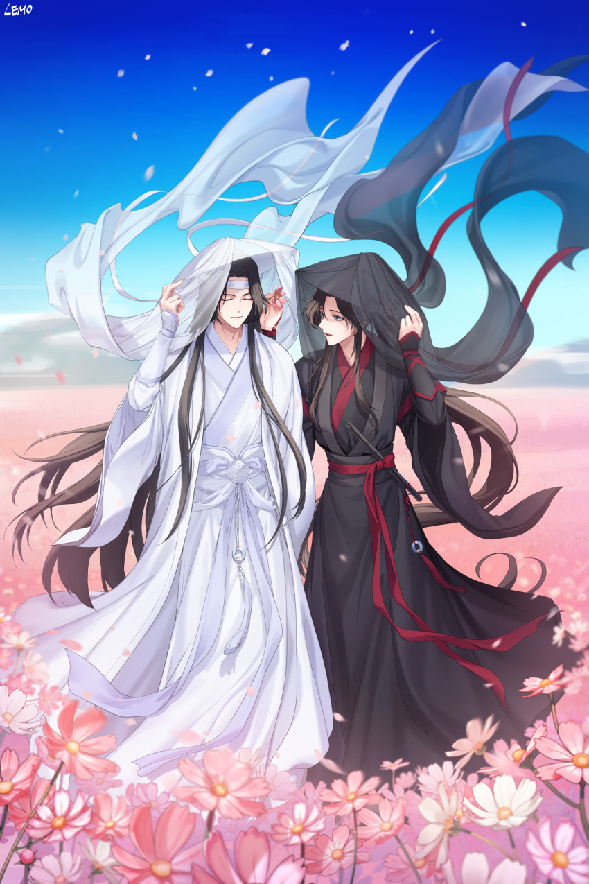 2boys artist_name bangs bishounen black_hair black_headwear black_robe black_veil blue_sky blurry blurry_background brown_hair chinese_clothes closed_eyes closed_mouth commentary day eyelashes field floating_hair flower flower_field flute full_body grey_eyes hand_up hands_up hanfu hat headband high_ponytail highres holding holding_flower instrument lan_wangji lem_tea long_hair long_sleeves looking_at_another male_focus mo_dao_zu_shi multiple_boys open_mouth outdoors parted_bangs petals pink_flower ponytail red_ribbon ribbon robe sash sidelocks sky smile standing tassel veil very_long_hair wei_wuxian white_headband white_headwear white_ribbon white_robe white_veil wide_sleeves