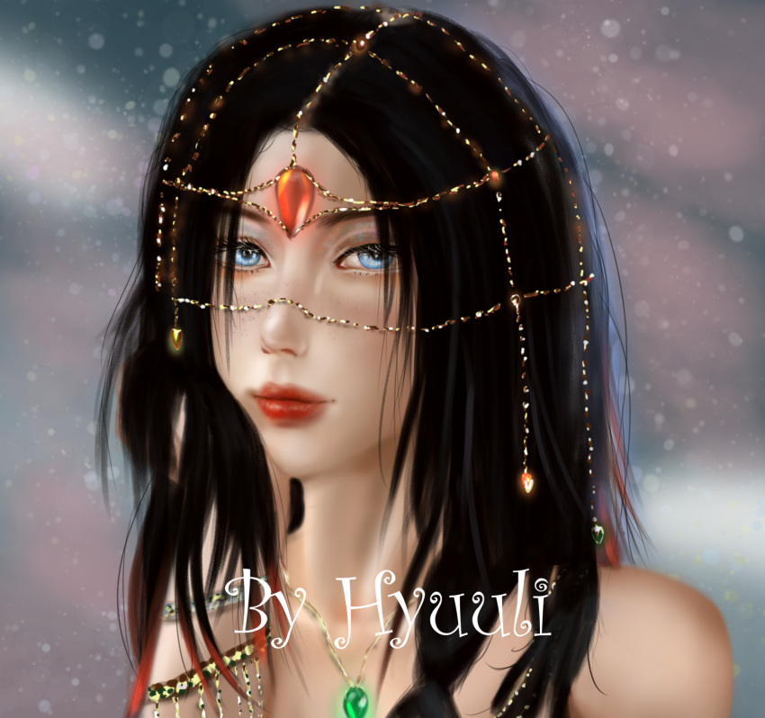 1girl artist_name black_hair blue_eyes blush collarbone fantasy hair_ornament highres hyuuli jewelry lips long_hair looking_at_viewer mole necklace off_shoulder original realistic ringlets scenery self_upload simple_background solo upper_body