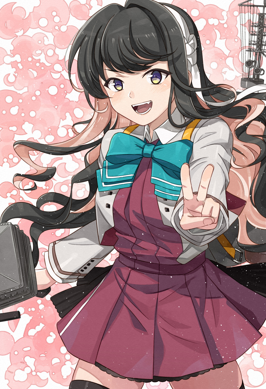 1girl absurdres aqua_bow aqua_bowtie black_hair blazer blouse bow bowtie breasts cannon dress fang grey_thighhighs hair_between_eyes hair_down hairband halterneck highres jacket kanmiya_shinobu kantai_collection large_breasts long_hair looking_at_viewer machinery multicolored_background multicolored_hair naganami_(kancolle) naganami_kai_ni_(kancolle) open_mouth pink_background pink_hair pleated_dress pleated_skirt purple_dress purple_thighhighs rigging school_uniform shirt skirt smile smokestack solo thigh-highs turret two-tone_hair v vest wavy_hair white_background white_hairband white_shirt