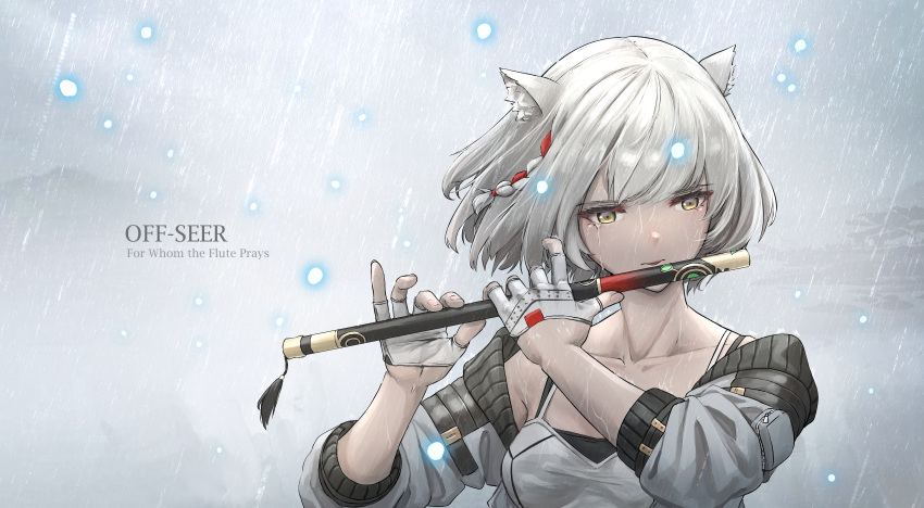 1girl absurdres animal_ear_fluff animal_ears bare_shoulders breasts camisole cat_ears collarbone crying crying_with_eyes_open english_text fingerless_gloves flute gloves highres holding holding_instrument instrument jacket lu_(pixiv20967832) medium_breasts mio_(xenoblade) music playing_instrument rain short_hair solo tears upper_body water_drop white_gloves white_jacket xenoblade_chronicles_(series) xenoblade_chronicles_3 yellow_eyes