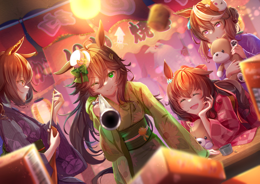 6+girls :o ^_^ ahoge aiming_at_viewer animal_ears bangs blurry blurry_background blurry_foreground brown_hair closed_eyes closed_mouth cork_gun floral_print glint green_eyes green_kimono gun hair_bun highres holding holding_gun holding_weapon horse_ears japanese_clothes kimono kongariinu lantern long_hair long_sleeves looking_at_viewer maruzensky_(umamusume) mask mask_on_head mr._c.b._(umamusume) multicolored_hair multiple_girls night oguri_cap_(umamusume) one_eye_closed outdoors outstretched_arm paper_lantern purple_kimono shooting_gallery sirius_symboli_(umamusume) standing streaked_hair stuffed_animal stuffed_toy summer_festival symboli_rudolf_(umamusume) tamamo_cross_(umamusume) teddy_bear toy_gun umamusume violet_eyes weapon wide_sleeves yukata