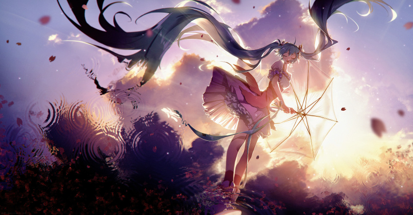 1girl absurdly_long_hair ankle_boots ankle_socks aqua_ribbon backlighting bare_legs blue_hair blue_sky blurry boots bow closed_eyes clouds cloudy_sky depth_of_field dress eyelashes floating_hair frilled_dress frilled_sleeves frills gradient gradient_sky hair_between_eyes hair_bow happy hatsune_miku highres holding holding_umbrella layered_dress legs_together lengchan_(fu626878068) light_blush light_particles light_rays long_hair long_neck melt_(vocaloid) open_mouth outdoors petals pink_dress pink_socks puffy_short_sleeves puffy_sleeves purple_bow purple_dress purple_sky reflection reflective_water ribbon ripples shiny shiny_hair short_dress short_sleeves sidelocks sky smile socks solo standing sunlight sunset transparent transparent_umbrella twintails umbrella underbust very_long_hair vocaloid water white_footwear wide_shot