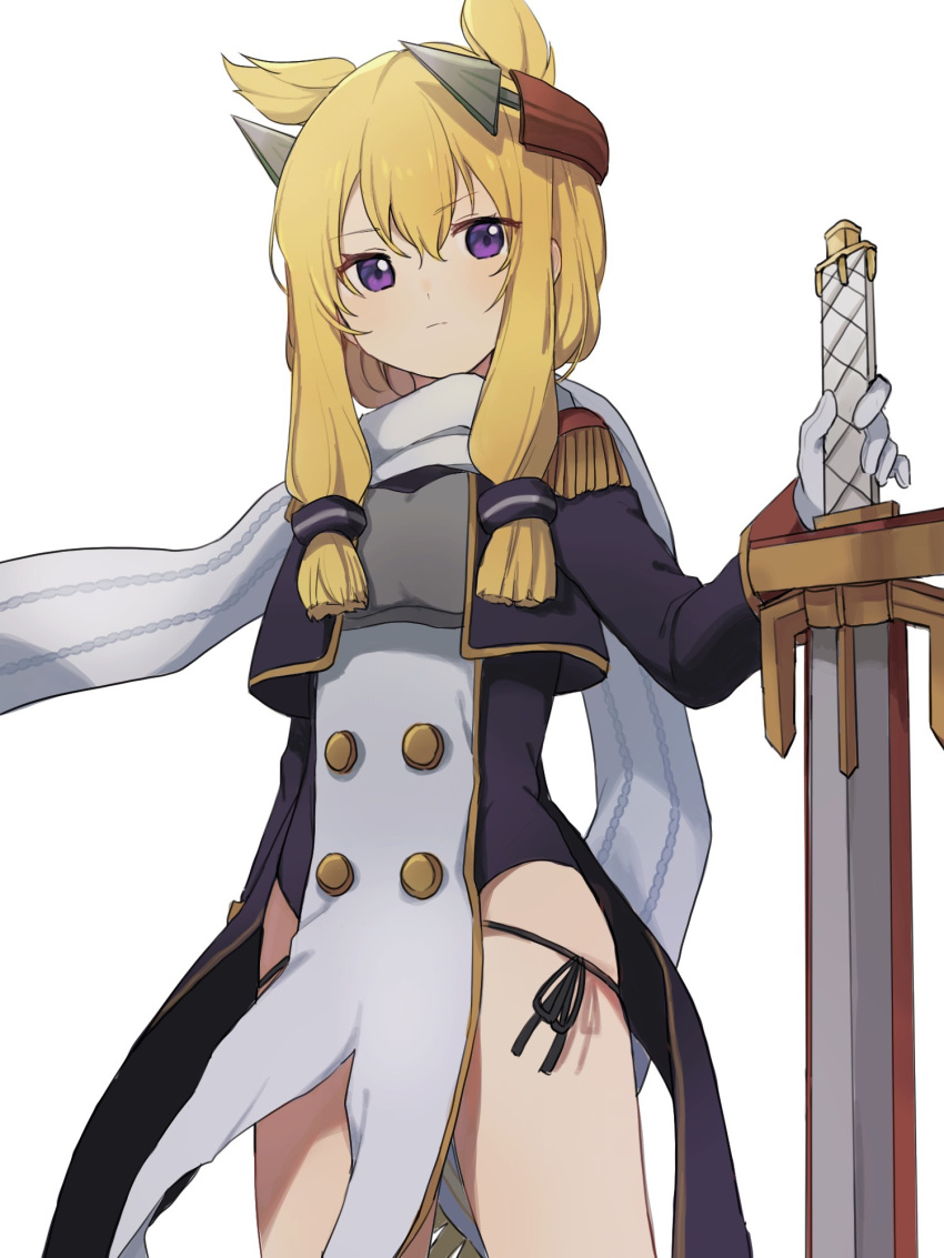 1girl animal_ears azur_lane bangs black_dress blonde_hair character_request closed_mouth dress gloves highres holding holding_sword holding_weapon long_hair long_sleeves looking_at_viewer scarf simple_background solo sweetpotatojelly sword violet_eyes weapon white_background white_gloves white_scarf