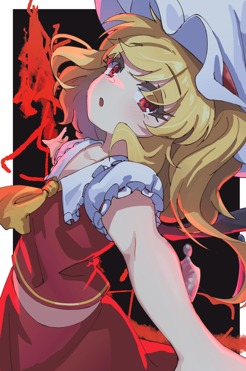 1girl ascot blonde_hair collarbone cowboy_shot dark_background flandre_scarlet frilled_sleeves frills from_side hat hat_ribbon highres leaning_back long_hair looking_at_viewer looking_to_the_side mob_cap open_mouth puffy_short_sleeves puffy_sleeves red_eyes red_ribbon red_skirt ribbon short_sleeves side_ponytail skirt solo suzakushi touhou white_headwear wings yellow_ascot