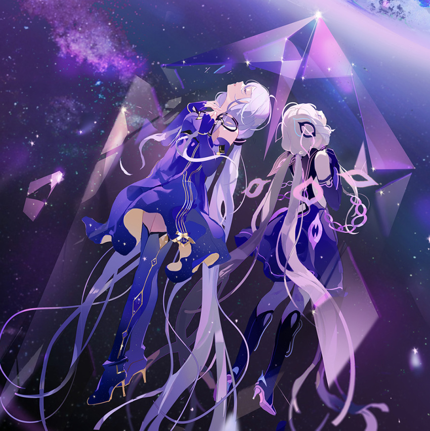 2girls crossed_legs dark_persona dual_persona gem grey_hair hands_on_own_chest legs_apart lirseven minus_(synthesizer_v) multiple_girls quartz_(gemstone) synthesizer_v twintails vocaloid xingchen