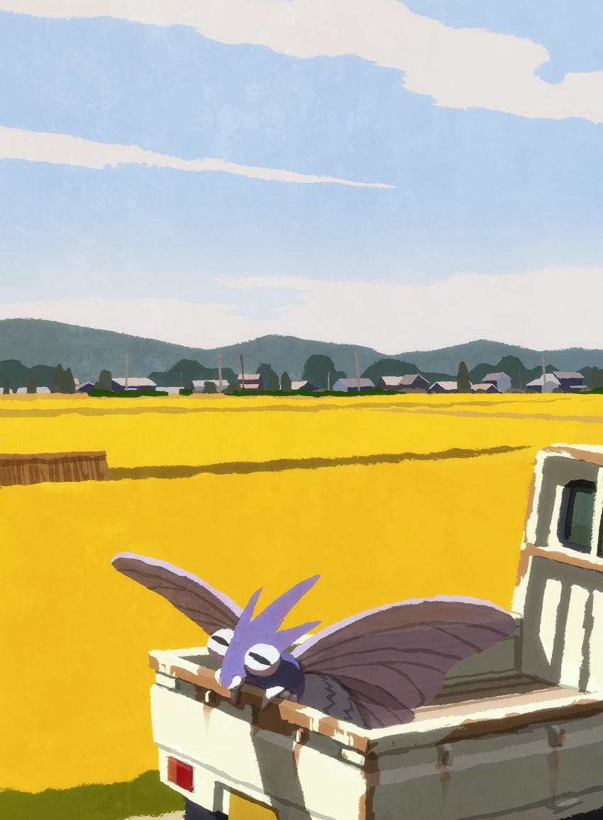 absurdres blue_sky bug closed_eyes clouds day fangs field ground_vehicle highres hyogonosuke insect_wings motor_vehicle no_humans outdoors pokemon pokemon_(creature) scenery sky solo truck venomoth wings