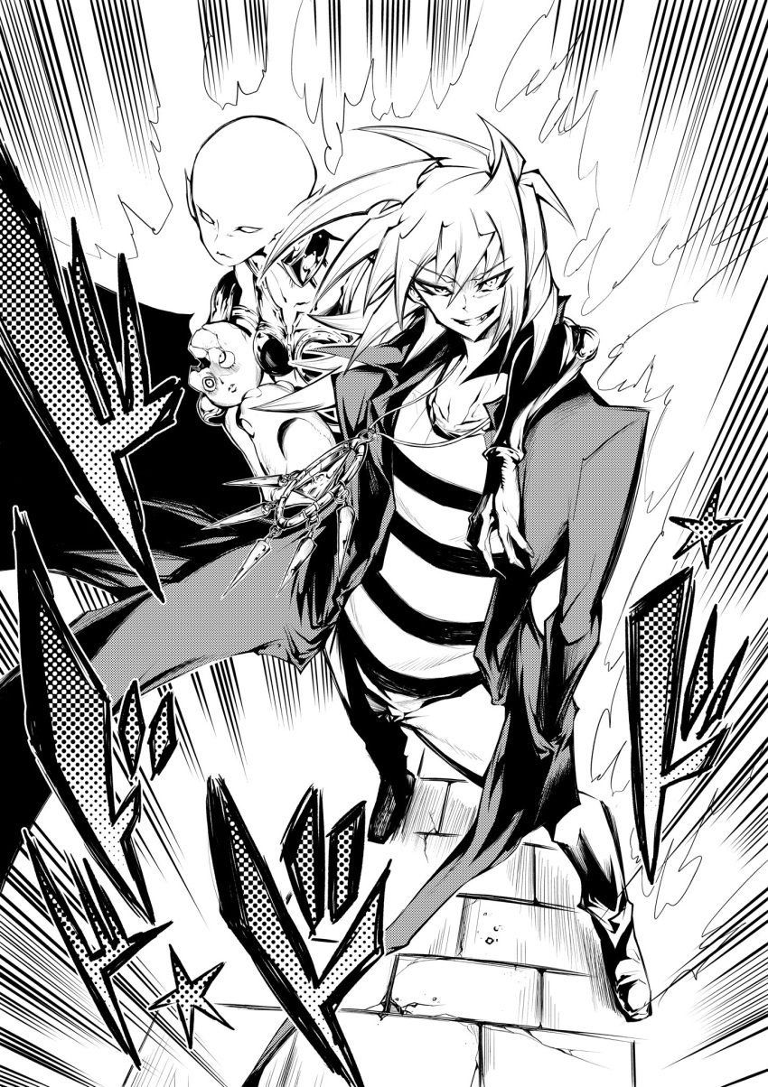1boy 1other arm_around_shoulder bakura_ryou coat commentary_request dark_necrofear duel_monster evil_grin evil_smile from_above full_body greyscale grin hands_in_pockets highres jewelry jojo_no_kimyou_na_bouken jojo_pose male_focus millennium_ring monochrome nomomono_eraser open_clothes open_coat pose shirt smile sound_effects spiky_hair stand_(jojo) standing star_(symbol) striped striped_shirt yu-gi-oh!