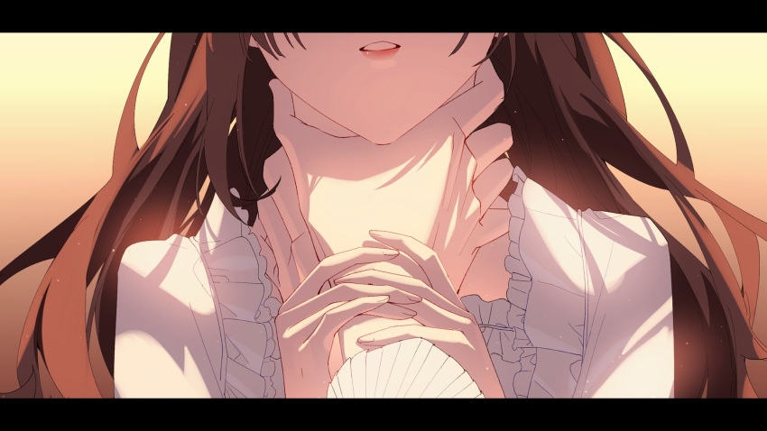 1boy 1girl artem_wing_(tears_of_themis) brown_hair frilled_shirt frills highres holding lipstick long_hair long_sleeves makeup nnatural94 open_mouth pov rosa_(tears_of_themis) shirt tears_of_themis teeth white_shirt