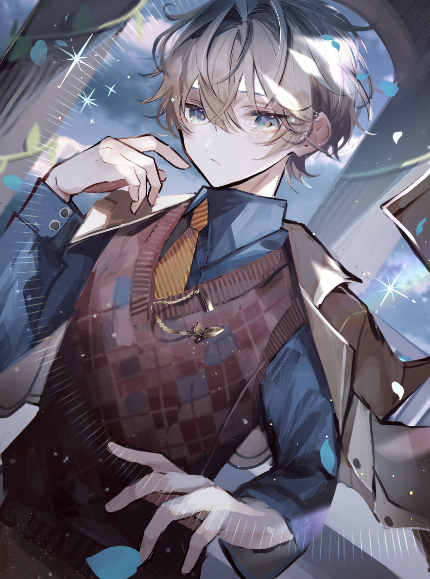 1boy absurdres blue_eyes blue_sky brown_hair checkered_clothes checkered_vest closed_mouth clouds cloudy_sky collared_shirt expressionless highres long_sleeves looking_at_viewer male_focus necktie original shirt short_hair sky solo u-sama_(u_summer0719) vest