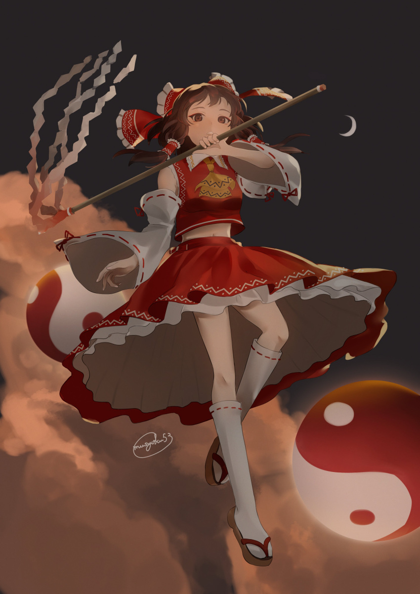 1girl above_clouds absurdres ascot bangs bow brown_eyes brown_hair clouds collared_vest commentary crescent detached_sleeves flying frilled_bow frilled_hair_tubes frills full_body gohei hair_bow hair_tubes hakurei_reimu highres holding kneehighs long_hair looking_at_viewer midriff mushoku night night_sky okobo orb parted_lips petticoat red_bow red_skirt red_vest ribbon-trimmed_legwear ribbon-trimmed_sleeves ribbon_trim signature skirt sky socks solo touhou vest white_sleeves white_socks wide_sleeves yellow_ascot yin_yang yin_yang_orb