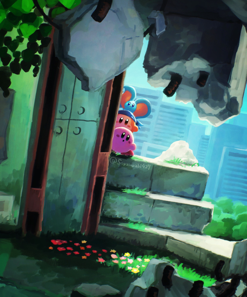 abandoned bandana bandana_waddle_dee building bush city concrete day elfilin flower grass highres kirby kirby_(series) kirby_and_the_forgotten_land leaf looking_to_the_side open_mouth outdoors rock scenery sky solo suyasuyabi