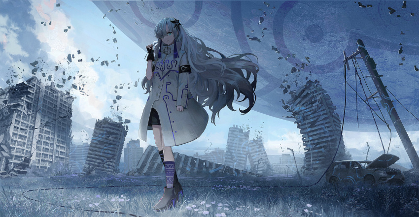 1girl apocalypse asymmetrical_footwear asymmetrical_sleeves boots cable car cevio clouds crumbling day floating flower full_body grass ground_vehicle hair_over_one_eye heel_up highres holding holding_flower im_catfood kamitsubaki_studio layered_sleeves long_hair long_sleeves motor_vehicle purple_hair sekai_(cevio) short_over_long_sleeves short_sleeves single_boot smile standing utility_pole very_long_hair white_hair zipper_pull_tab