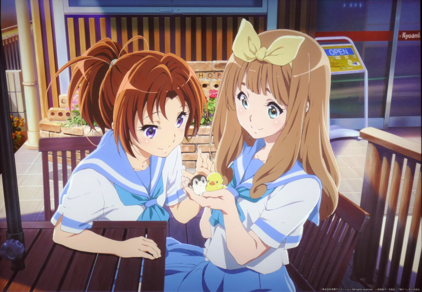 2girls artist_request bangs bird blonde_hair blue_neckerchief blue_sailor_collar blue_skirt blush brown_hair closed_mouth collarbone door duck duckling green_eyes hair_ribbon hands_up hibike!_euphonium highres kitauji_high_school_uniform kyoto_animation long_hair looking_at_another multiple_girls nakagawa_natsuki neckerchief official_art pleated_skirt ponytail ribbon sailor_collar scan school_uniform serafuku shirt short_sleeves sitting skirt smile uniform violet_eyes white_shirt yellow_ribbon yoshikawa_yuuko