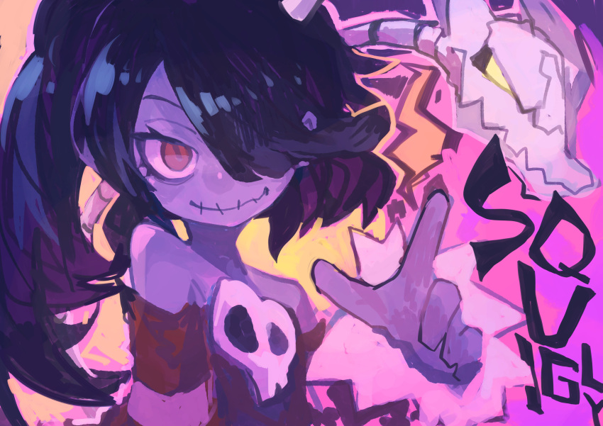 1girl absurdres black_hair character_name closed_mouth hair_over_one_eye highres kaamin_(mariarose753) long_hair looking_at_viewer off-shoulder_shirt off_shoulder ponytail red_shirt redhead shirt skull skullgirls squigly_(skullgirls) stitched_mouth stitches
