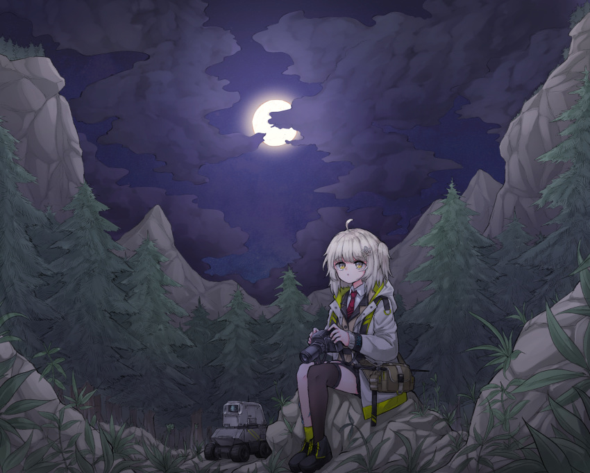 1girl :o ahoge arknights asymmetrical_legwear buttons camera clouds cloudy_sky coat collared_shirt full_body glowing green_eyes grey_hair highres holding holding_camera jokebag lens_(arknights) looking_up moon mountain necktie night outdoors parted_lips pouch red_necktie scene_(arknights) shirt shoes side_ponytail single_sock single_thighhigh sitting sky socks solo thigh-highs white_shirt