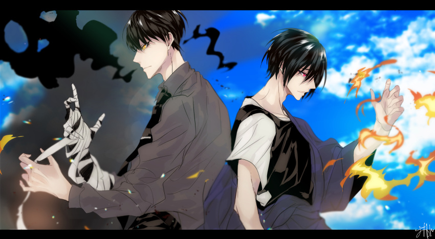 2boys back-to-back bandaged_arm bandaged_hand bandages bangs black_hair black_necktie blue_sky clouds collared_shirt day en'en_no_shouboutai fire grey_shirt highres japanese_clothes layered_clothes long_sleeves male_focus multiple_boys necktie outdoors red_eyes shinmon_benimaru shirt short_hair short_sleeves sirofuku414 sky smoke white_shirt yellow_eyes