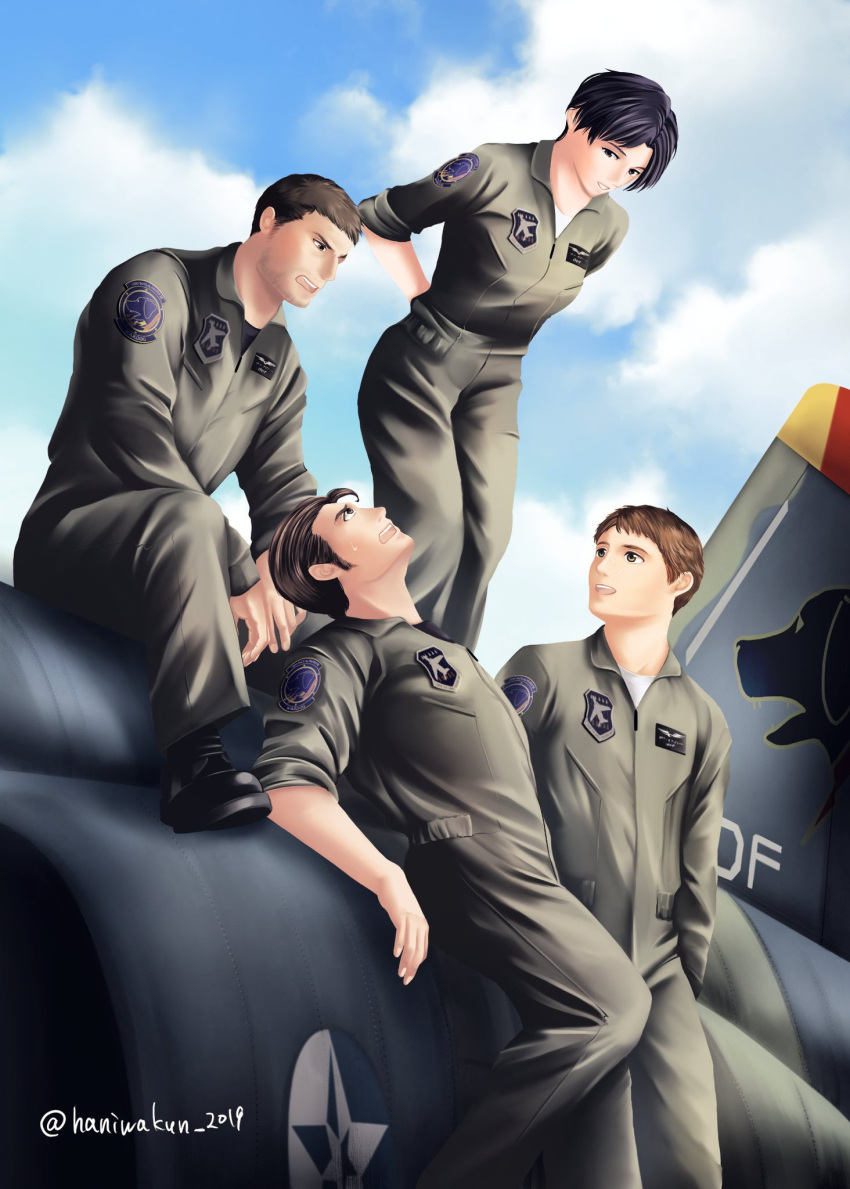 1girl 3boys ace_combat ace_combat_5 aircraft airplane alvin_h_davenport artist_name black_hair blaze_(ace_combat) boots brown_hair clouds cloudy_sky day emblem f-5e_tiger_ii facial_hair fighter_jet haniwakun_2019 hans_grimm highres insignia jet kei_nagase military military_vehicle multiple_boys open_mouth osean_flag outdoors patch pilot pilot_suit short_hair sitting sky sleeves_rolled_up twitter_username wardog_squadron