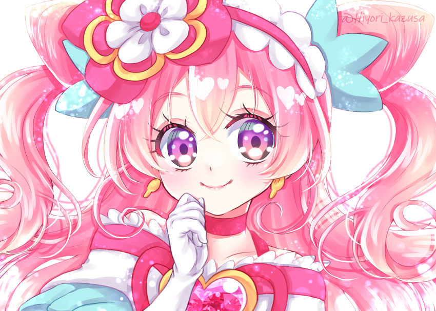 1girl absurdres bow brooch choker closed_mouth cone_hair_bun cure_precious delicious_party_precure double_bun earrings frilled_hairband frills gloves hair_bow hair_bun hairband heart_brooch highres jewelry kazusa_hiyori long_hair looking_at_viewer magical_girl nagomi_yui pink_choker pink_hair pink_hairband precure simple_background smile solo split_mouth twitter_username two_side_up upper_body violet_eyes white_background white_gloves