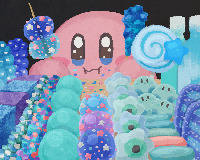 black_background blue_theme blush candy creature doughnut eating feet_out_of_frame food food_focus food_in_mouth kirby kirby_(series) lollipop miclot no_fingers simple_background solo sparkle sparkling_eyes star_(symbol)