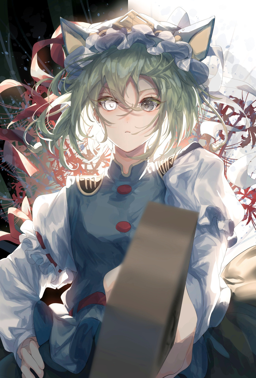 1girl absurdres backlighting bangs blue_vest blurry blurry_foreground closed_mouth flat_chest floating_hair flower foreshortening frills green_hair hair_between_eyes hat highres holding holding_stick juliet_sleeves light long_sleeves looking_at_viewer perspective puffy_sleeves red_ribbon ribbon rod_of_remorse serious shiki_eiki solo spider_lily stick toku_kekakewanko touhou vest