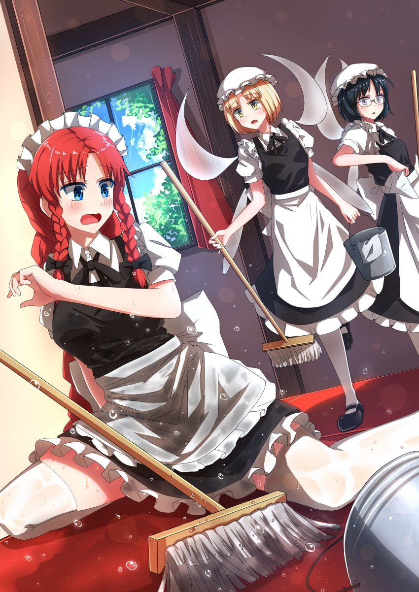 3girls absurdres accident alternate_costume apron back_bow black_dress black_footwear black_hair black_ribbon blonde_hair blue_eyes blush bow braid bucket cleaning collared_shirt dress fairy fairy_maid_(touhou) fairy_wings floor frilled_dress frills glasses highres hong_meiling long_hair maid maid_apron mary_janes mop multiple_girls open_mouth puffy_short_sleeves puffy_sleeves redhead ribbon scarlet_devil_mansion shimotsuki_aoi shirt shoes short_hair short_sleeves socks thigh-highs touhou twin_braids waist_apron waist_bow wet wet_clothes white_apron white_shirt white_socks wings