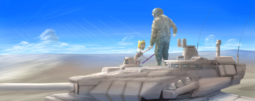 1girl 1other absurdres animal_ears bangs blonde_hair blue_sky brown_dress bulletproof_vest clouds collared_shirt commentary_request cookie_(touhou) day desert dress fox_ears fox_girl full_body ground_vehicle helmet highres holding_hands labor looking_to_the_side medium_hair military military_vehicle miramikaru_riran motor_vehicle open_mouth outdoors pinafore_dress red_eyes sand shirt short_sleeves sky soldier tank vehicle_request white_shirt