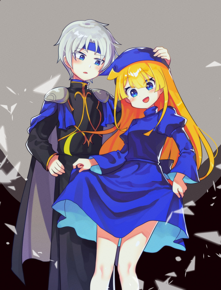 1boy 1girl absurdres armor bangs blonde_hair blue_eyes blunt_bangs blush grey_hair headband highres long_hair looking_at_another looking_at_viewer offbeat open_mouth parted_lips puyopuyo schezo_wegey short_hair smile witch_(puyopuyo)