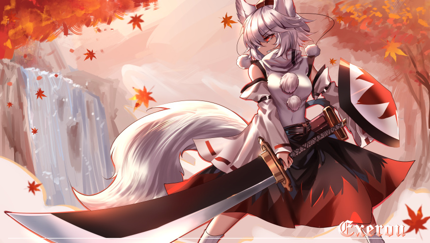 1girl absurdres animal_ears artist_name autumn autumn_leaves bangs bare_shoulders belt black_belt black_skirt breasts chinese_commentary clouds cloudy_sky commentary_request detached_sleeves grey_hair grey_shirt grey_socks hair_between_eyes hat highres holding holding_weapon inubashiri_momiji leaf long_sleeves looking_at_another medium_breasts orange_sky outdoors pom_pom_(clothes) red_eyes red_headwear red_skirt shield shirt short_hair skirt sky socks solo standing sword tail tokin_hat top-exerou touhou tree v-shaped_eyebrows water waterfall weapon wide_sleeves wolf_ears wolf_tail