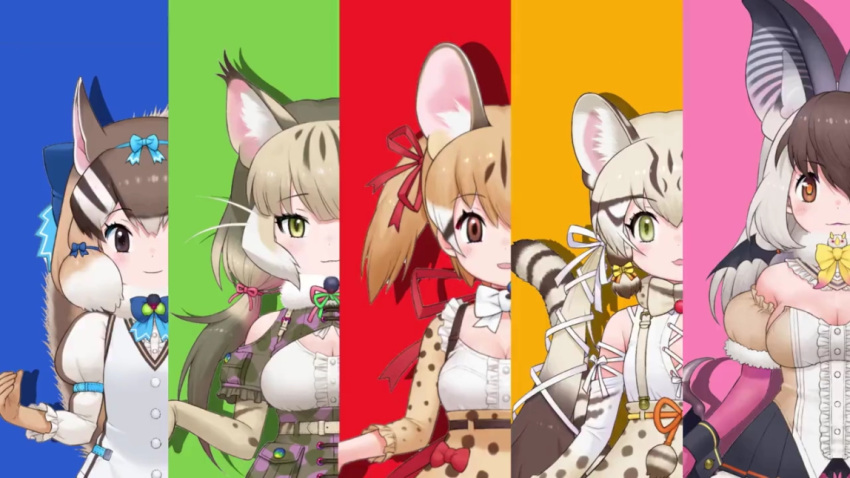 5girls animal_costume animal_ear_fluff animal_ears bad_source black_eyes black_hair brown_eyes brown_hair brown_long-eared_bat_(kemono_friends) closed_mouth geoffroy's_cat_(kemono_friends) green_eyes jungle_cat_(kemono_friends) kemono_friends kemono_friends_v_project large-spotted_genet_(kemono_friends) long_hair looking_at_viewer microphone multicolored_hair multiple_girls open_mouth ribbon shirt siberian_chipmunk_(kemono_friends) simple_background skirt smile tail virtual_youtuber white_hair yoshizaki_mine