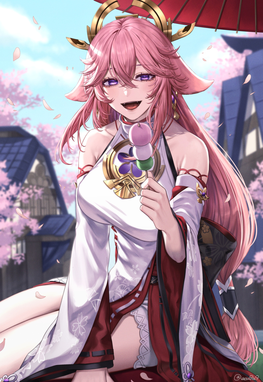 1girl animal_ears architecture arm_support bangs bare_legs bare_shoulders breasts cherry_blossoms crossed_bangs detached_sleeves earrings east_asian_architecture falling_petals fangs food fox_ears genshin_impact hair_between_eyes hair_ornament highres holding holding_food jewelry large_breasts leaning_to_the_side long_hair looking_at_viewer open_mouth outdoors pendant petals pink_hair shirt sitting sky sleeveless sleeveless_shirt smile solo violet_eyes wagashi white_shirt wide_sleeves yae_miko zongchun