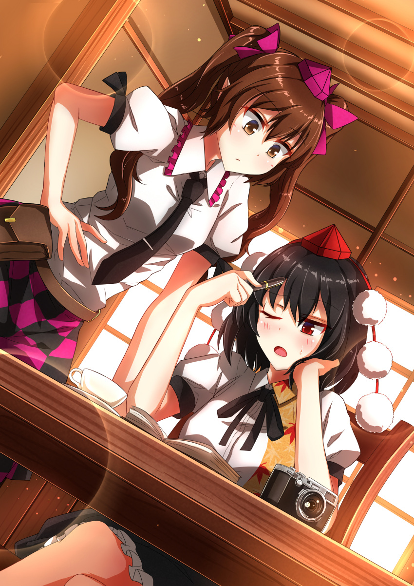2girls :&lt; absurdres black_hair black_necktie blush bow brown_eyes brown_hair camera chair checkered_clothes checkered_skirt closed_mouth hair_bow hand_on_hip hat highres himekaidou_hatate indoors long_hair looking_at_another looking_away multiple_girls necktie one_eye_closed open_mouth purple_bow purple_headwear red_eyes red_headwear shameimaru_aya shimotsuki_aoi short_hair short_sleeves sitting skirt tokin_hat touhou twintails