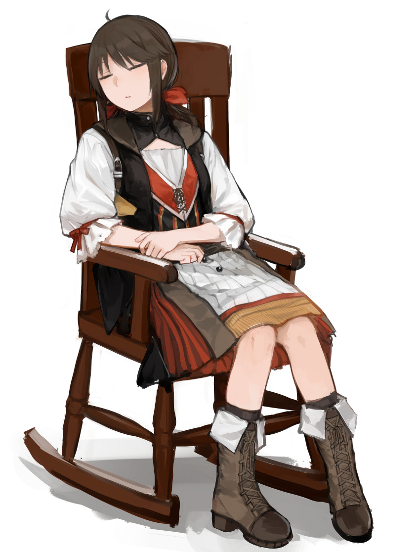 1girl absurdres boots bow brown_hair chair closed_eyes combat_boots dress european_clothes falcon_(girls'_frontline) flat_chest girls_frontline hair_bow highres open_mouth rampart1028 rocking_chair sitting sleeping solo traditional_clothes white_background