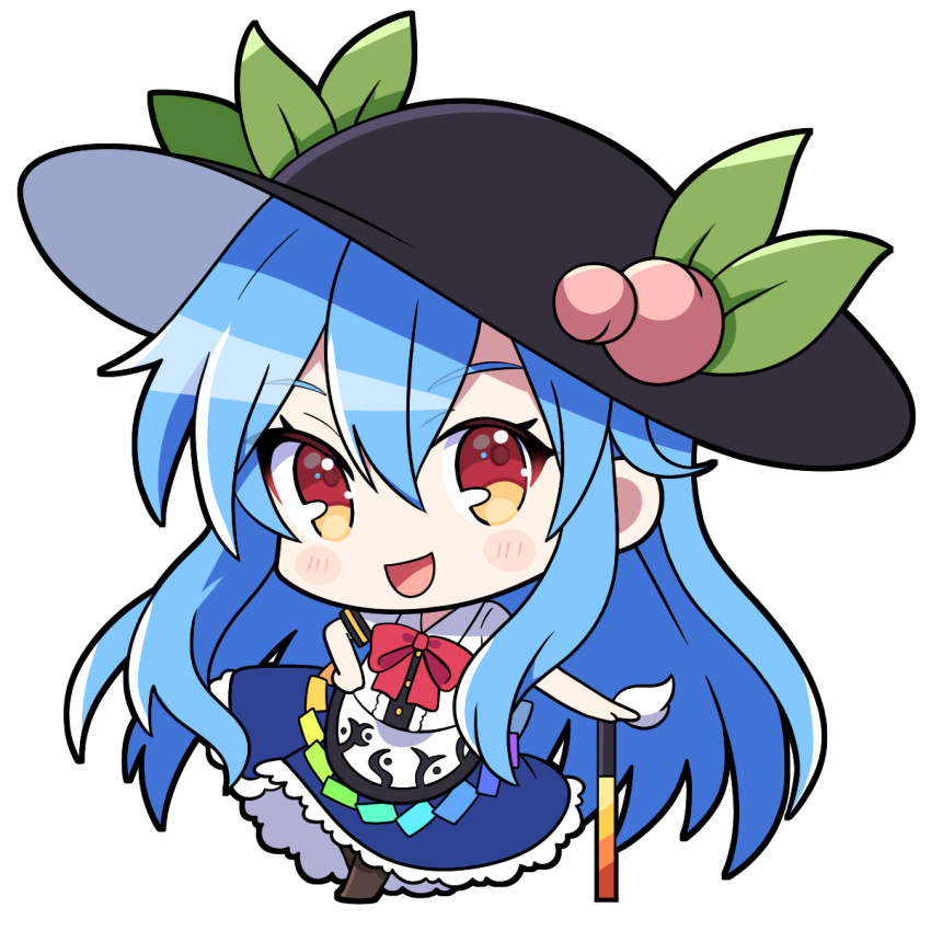 1girl black_headwear blue_hair blue_skirt blush boots bow brown_footwear chibi food fruit full_body hand_on_hilt hand_on_hip highres hinanawi_tenshi long_hair looking_at_viewer open_mouth peach red_bow red_eyes skirt smile solo sword touhou weapon yoriteruru