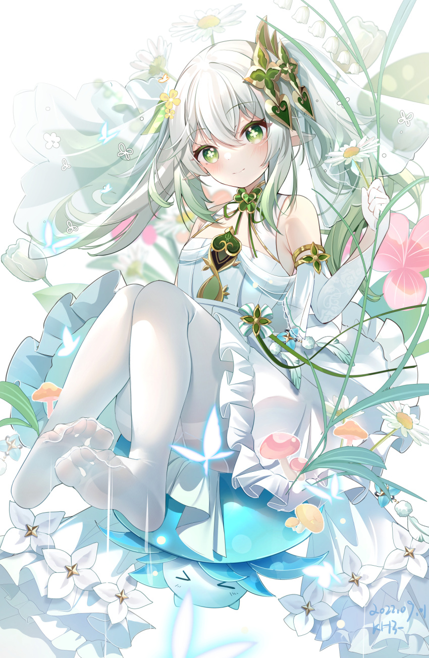 1girl blush closed_mouth colored_tips dated dress elbow_gloves feet flower frilled_dress frills full_body genshin_impact gloves gradient_hair green_eyes green_hair hair_between_eyes highres holding holding_flower long_hair looking_at_viewer miaogujun multicolored_hair nahida_(genshin_impact) no_shoes pantyhose pointy_ears see-through see-through_legwear sitting smile solo symbol-shaped_pupils thighband_pantyhose toes white_dress white_flower white_gloves white_hair white_pantyhose