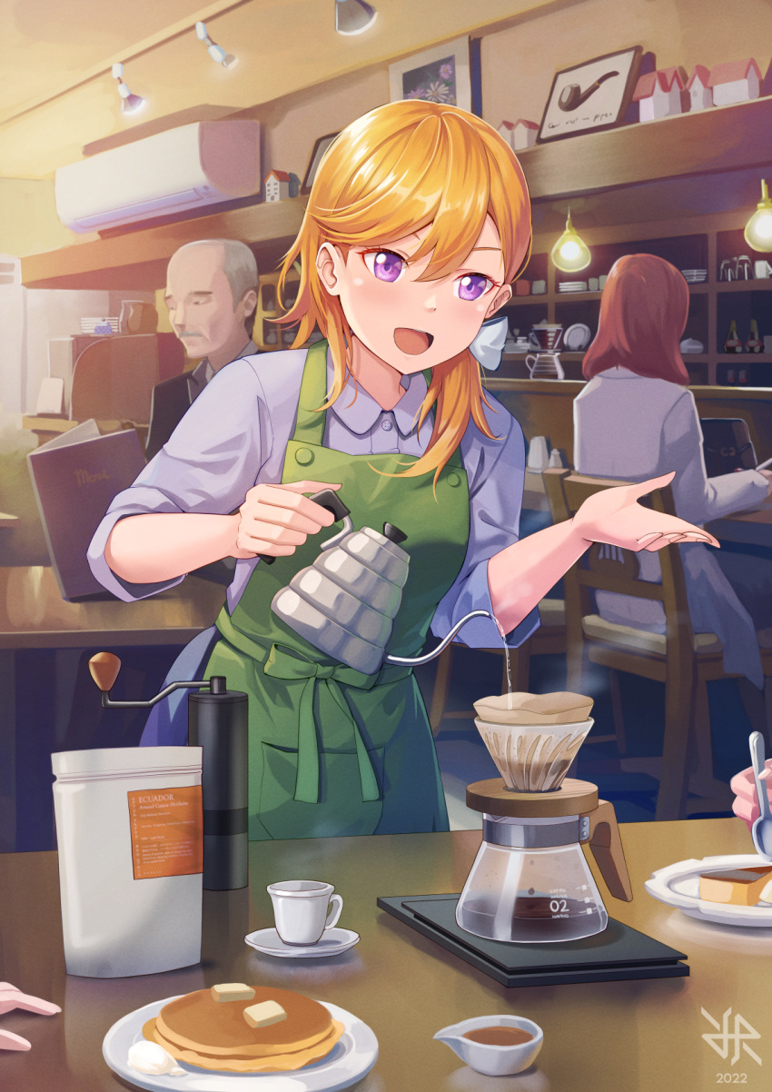 1boy 2girls apron artist_logo coffee food highres hiroki_ree kettle love_live! love_live!_school_idol_project love_live!_superstar!! multiple_girls nishikino_maki old old_man open_mouth orange_hair pancake pouring purple_eyes red_hair redhead restaurant shibuya_kanon steam violet_eyes waitress