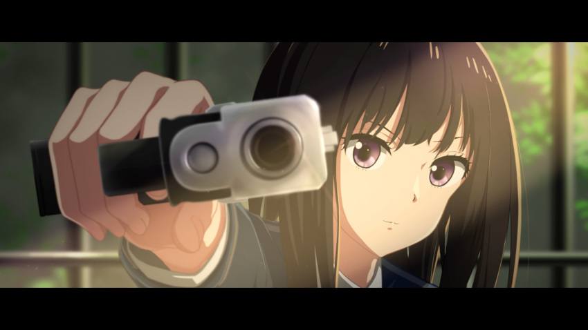 1girl absurdres aiming aiming_at_viewer bangs black_hair blue_dress closed_mouth collared_shirt commentary_request dress gun handgun highres holding holding_gun holding_weapon inoue_takina letterboxed long_hair long_sleeves looking_at_viewer lycoris_recoil lycoris_uniform school_uniform shirt solo tbear upper_body violet_eyes weapon white_shirt