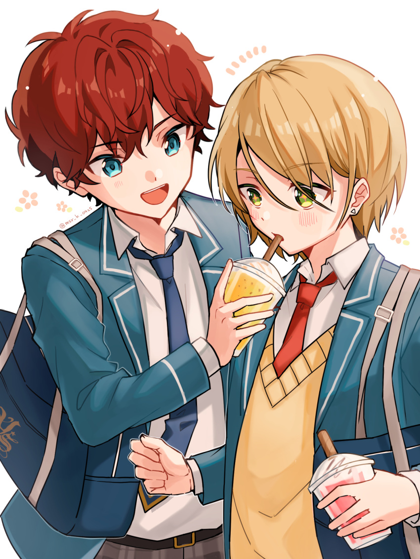 +_+ 2boys :d amagi_hiiro bag bangs belt blazer blonde_hair blue_eyes blush collared_shirt cup disposable_cup drink drinking_straw_in_mouth earrings ensemble_stars! highres holding holding_cup jacket jewelry long_sleeves looking_at_another male_focus mashiro_konomi multiple_boys necktie open_mouth pants plaid plaid_pants redhead school_bag school_uniform shiratori_aira_(ensemble_stars!) shirt short_hair smile sweater yellow_eyes