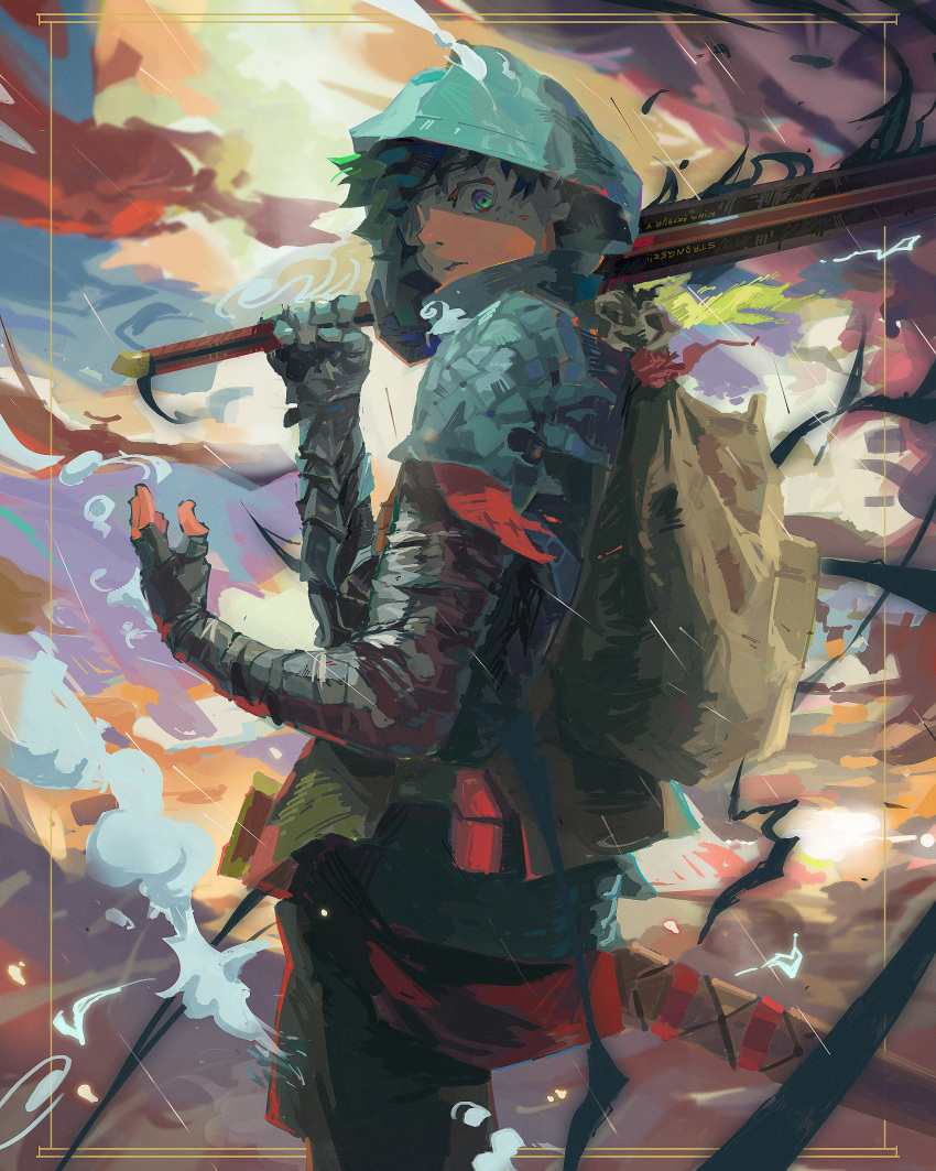 1boy absurdres alternate_universe aura bandaged_arm bandages boku_no_hero_academia dark_aura english_commentary glyph green_eyes green_hair hand_up highres holding holding_sword holding_weapon hood hood_up looking_at_viewer male_focus midoriya_izuku over_shoulder sheath simple_background solo sword sword_over_shoulder timtimayo weapon weapon_over_shoulder