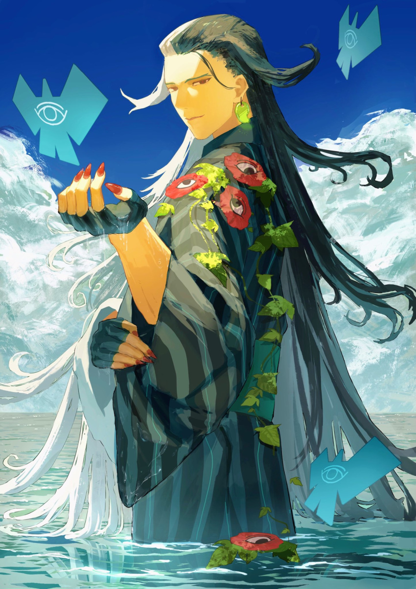 1boy alternate_hairstyle ashiya_douman_(asagao-patterned_yukata)_(fate) ashiya_douman_(fate) asymmetrical_hair black_eyes black_gloves black_hair blue_sky closed_mouth clouds commentary_request curly_hair earrings fate/grand_order fate_(series) fingerless_gloves fingernails flower gloves hair_intakes highres japanese_clothes jewelry kimono long_hair looking_at_viewer looking_to_the_side magatama magatama_earrings male_focus morning_glory multicolored_hair myuzu0711 ocean official_alternate_costume onmyouji red_flower red_nails sharp_fingernails sky skyline smile solo split-color_hair toned toned_male two-tone_hair two-tone_kimono upper_body very_long_fingernails very_long_hair wading water white_hair
