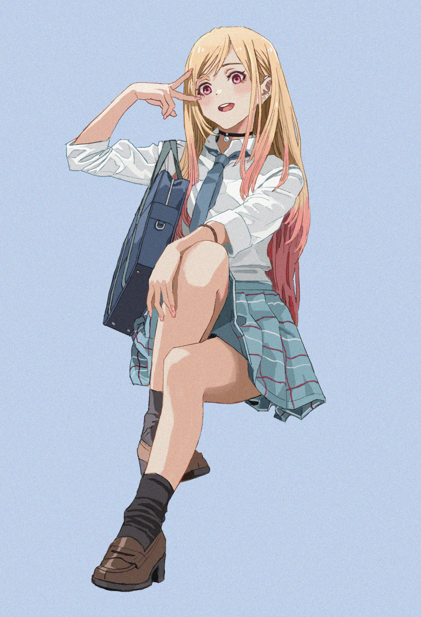1girl absurdres barbell_piercing black_choker blue_background blue_necktie brown_footwear choker collared_shirt colored_tips earrings gyaru highres industrial_piercing jewelry kitagawa_marin loafers multicolored_hair necktie open_mouth piercing pink_eyes pink_nails plaid plaid_skirt pleated_skirt school_uniform shiren_(ourboy83) shirt shoes simple_background sitting skirt socks sono_bisque_doll_wa_koi_wo_suru stud_earrings uniform v white_shirt