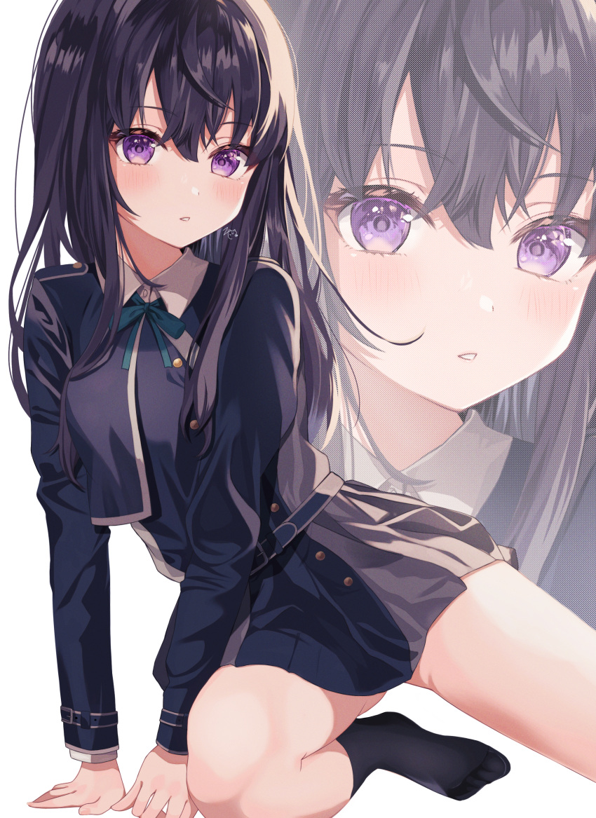 1girl :o absurdres black_hair black_socks breasts feet hand_on_ground highres inoue_takina large_breasts legs long_hair looking_at_viewer lycoris_recoil lycoris_uniform no_shoes one_knee open_mouth socks solo thighs uniform violet_eyes