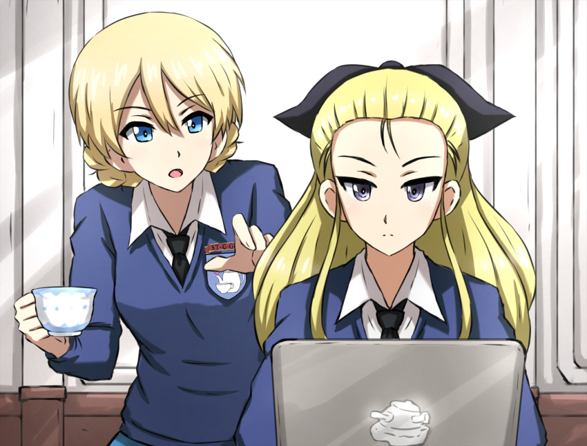 2girls assam_(girls_und_panzer) bangs black_ribbon blonde_hair blue_eyes blue_sweater braid closed_mouth commentary computer cup darjeeling_(girls_und_panzer) dress_shirt emblem frown girls_und_panzer hair_pulled_back hair_ribbon highres holding holding_cup indoors laptop long_hair long_sleeves multiple_girls omachi_(slabco) open_mouth pointing ribbon school_uniform shirt short_hair sitting st._gloriana's_(emblem) st._gloriana's_school_uniform standing sweater teacup twin_braids v-neck white_shirt wing_collar