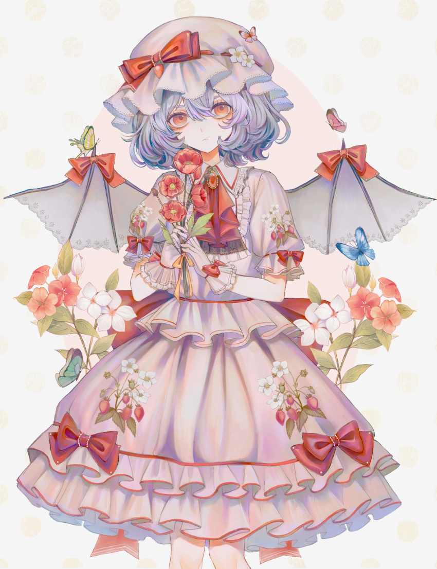 1girl absurdres ascot bat_wings blue_butterfly blue_hair bow brooch bud bug butterfly collared_shirt commentary eyebrows_hidden_by_hair eyelashes flower flower_request food frilled_shirt_collar frills fruit gloves green_butterfly hair_between_eyes hat hat_bow hat_flower highres holding holding_flower hourai_kiriri jewelry leaf looking_at_viewer mob_cap pink_gloves pink_headwear pink_shirt pink_skirt puffy_short_sleeves puffy_sleeves red_ascot red_bow red_butterfly red_eyes red_flower remilia_scarlet ribbon shirt short_hair short_sleeves skirt skirt_set solo strawberry strawberry_hat_ornament symbol-only_commentary touhou white_flower wing_bow wings yellow_ribbon