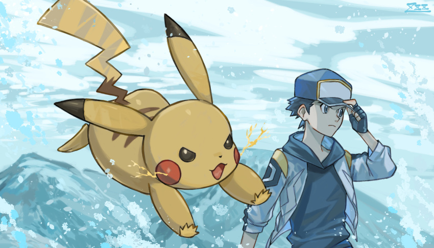 1boy baseball_cap black_gloves commentary day electricity fingerless_gloves gloves hand_on_headwear hat jacket male_focus mountain official_alternate_costume open_clothes open_jacket outdoors oyasuminjyutsu pikachu pokemon pokemon_(creature) pokemon_(game) pokemon_masters_ex red_(pokemon) signature symbol-only_commentary white_jacket