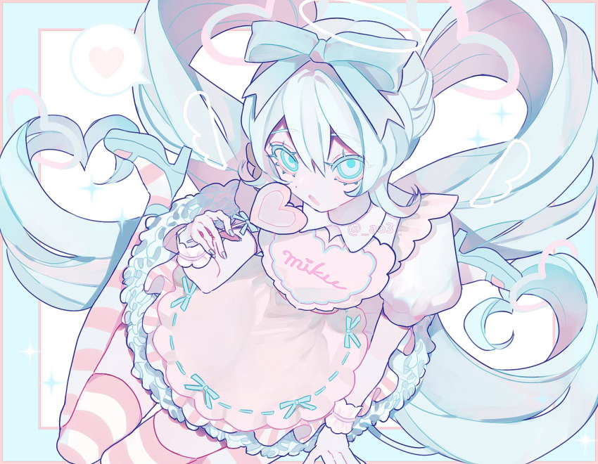 1girl angel_wings ao3 apron aqua_eyes aqua_footwear aqua_hair bangs bubble_skirt candy character_name colored_eyelashes detached_sleeves drawn_wings food foreshortening frilled_skirt frills hair_between_eyes halo hatsune_miku heart high_heels highres kneeling lollipop long_hair looking_at_viewer open_mouth pale_skin pastel_colors perspective pink_thighhighs ringed_eyes short_sleeves sitting skirt solo spoken_heart striped striped_thighhighs thigh-highs twintails two-tone_legwear two-tone_thighhighs very_long_hair vocaloid wariza wings wrist_cuffs
