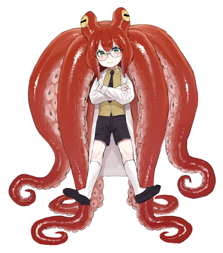 1girl black_necktie black_shorts blush cephalopod_eyes closed_mouth coat crossed_arms frown full_body glasses green_eyes highres horizontal_pupils korean_commentary labcoat long_hair long_sleeves looking_at_viewer monster_girl necktie original owlake031 redhead round_eyewear scylla shirt shoes shorts simple_background solo tentacle_hair tentacles very_long_hair white_background white_coat yellow_shirt