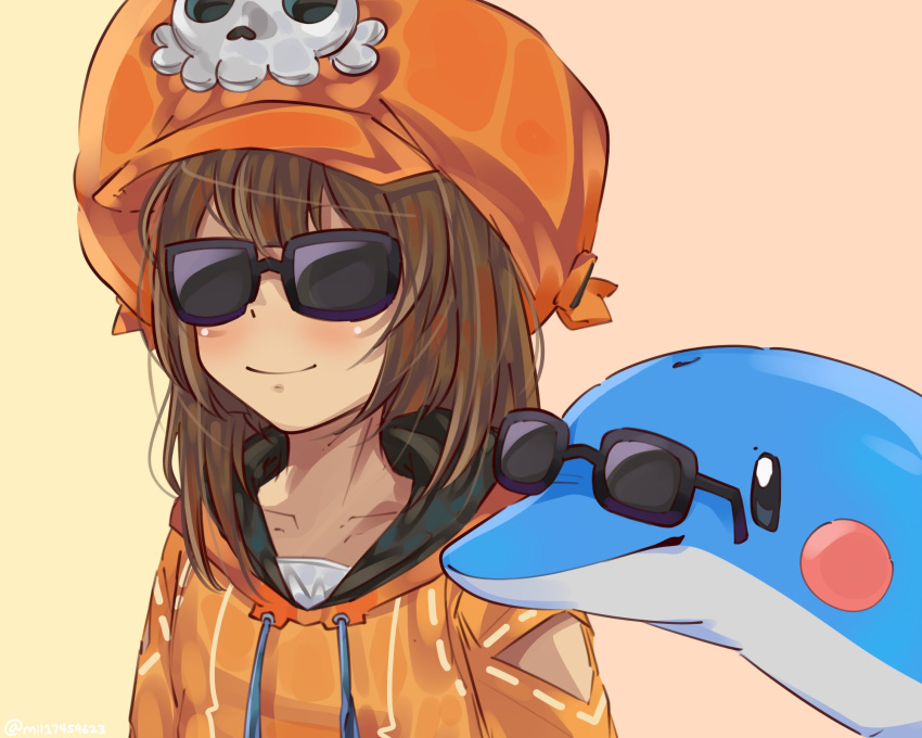1girl bangs brown_hair closed_mouth collarbone dolphin drawstring guilty_gear guilty_gear_strive hat highres hood hoodie inflatable_dolphin inflatable_toy long_hair may_(guilty_gear) mil17459623 parted_bangs pirate_hat smile sunglasses